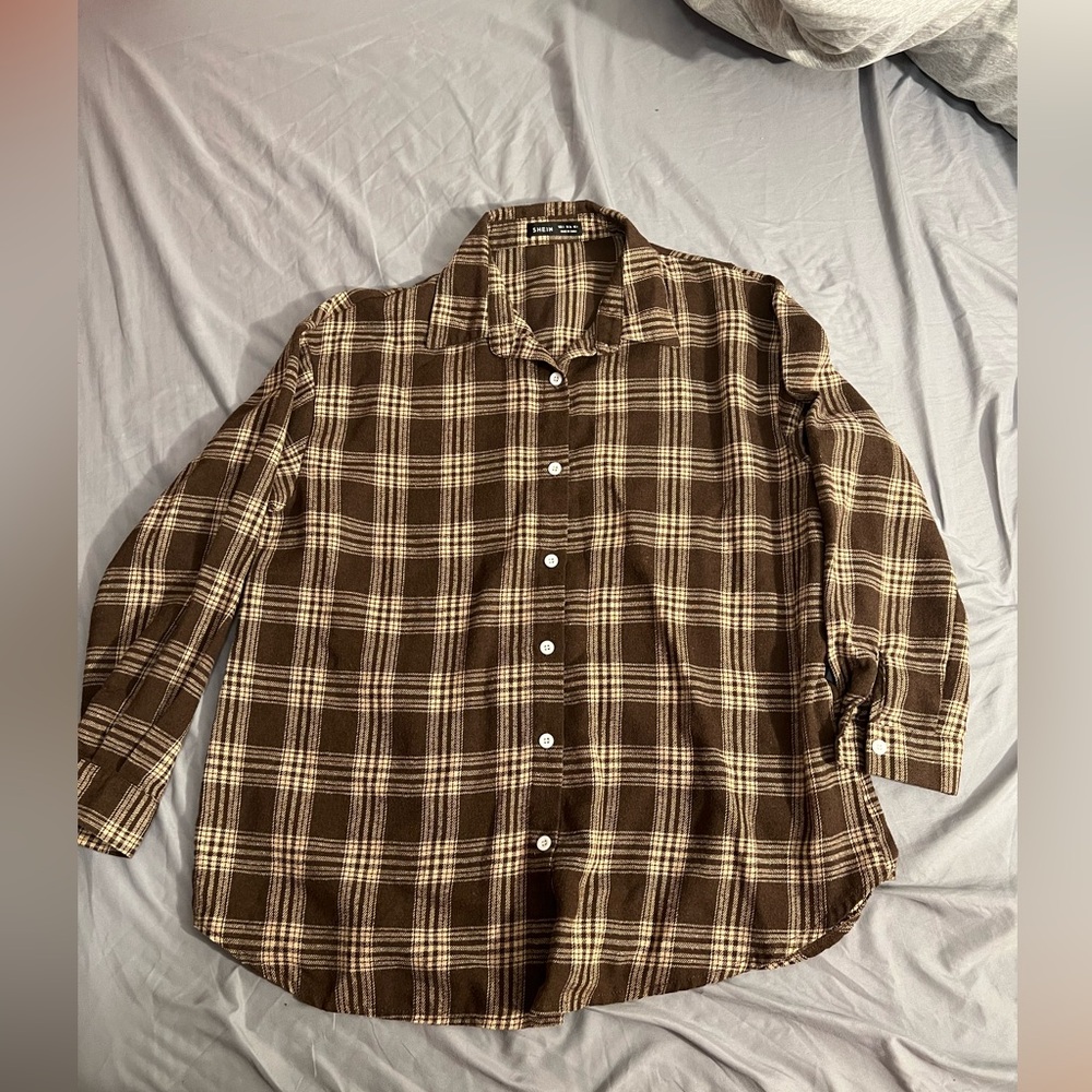 “Shein Brown Plaid Button-Up Shirt - Small Size, Classic Casual Style”